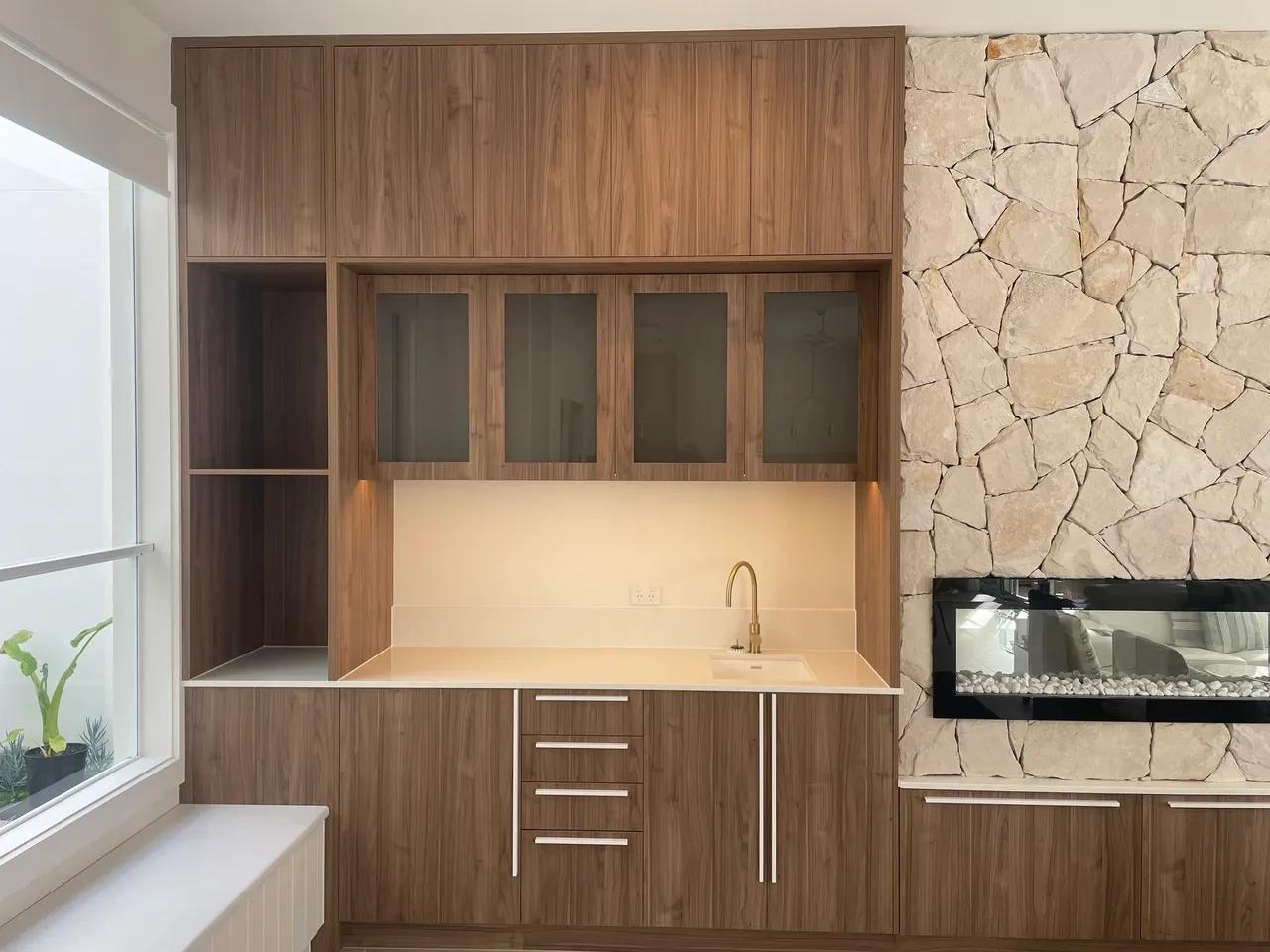 White 2pac kitchen with stone island bench and handleless doors, Buderim